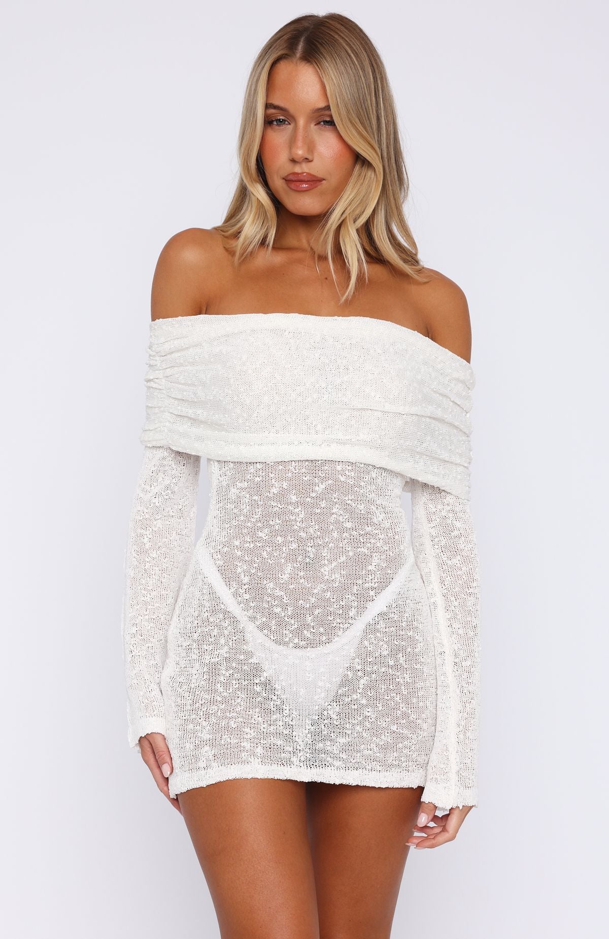 Can't Leave Me Long Sleeve Boucle Mini Dress White
